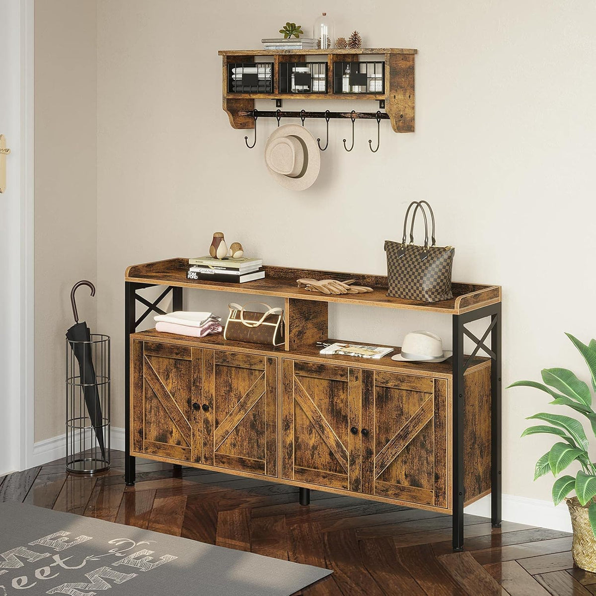 Rustic Brown 55Inch Console Table with Cabinet and Open Shelf N3847