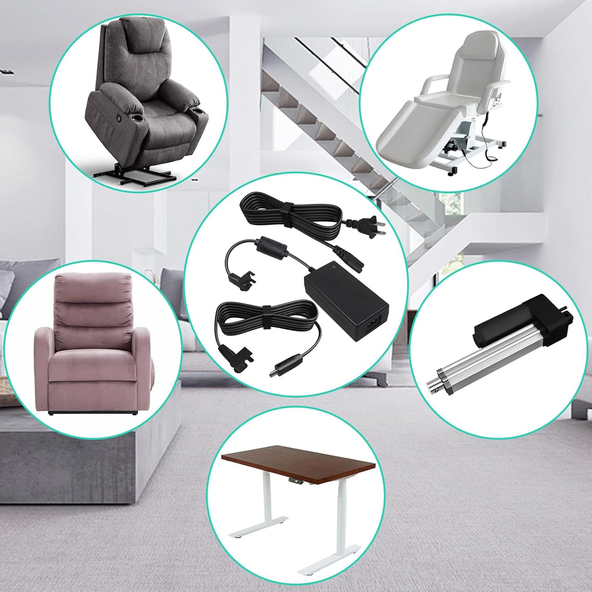 2-Pin 29V2A Power Adapter with Extension Cord for Recliner, Black R577