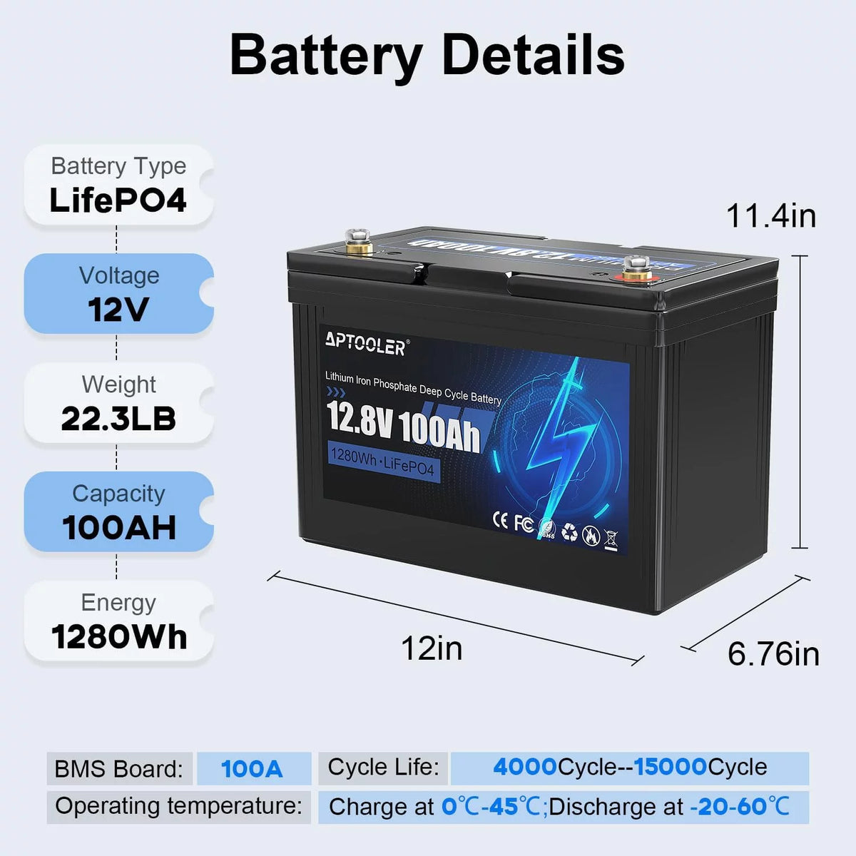 12V 100Ah LiFePO4 Battery with 100A BMS M570