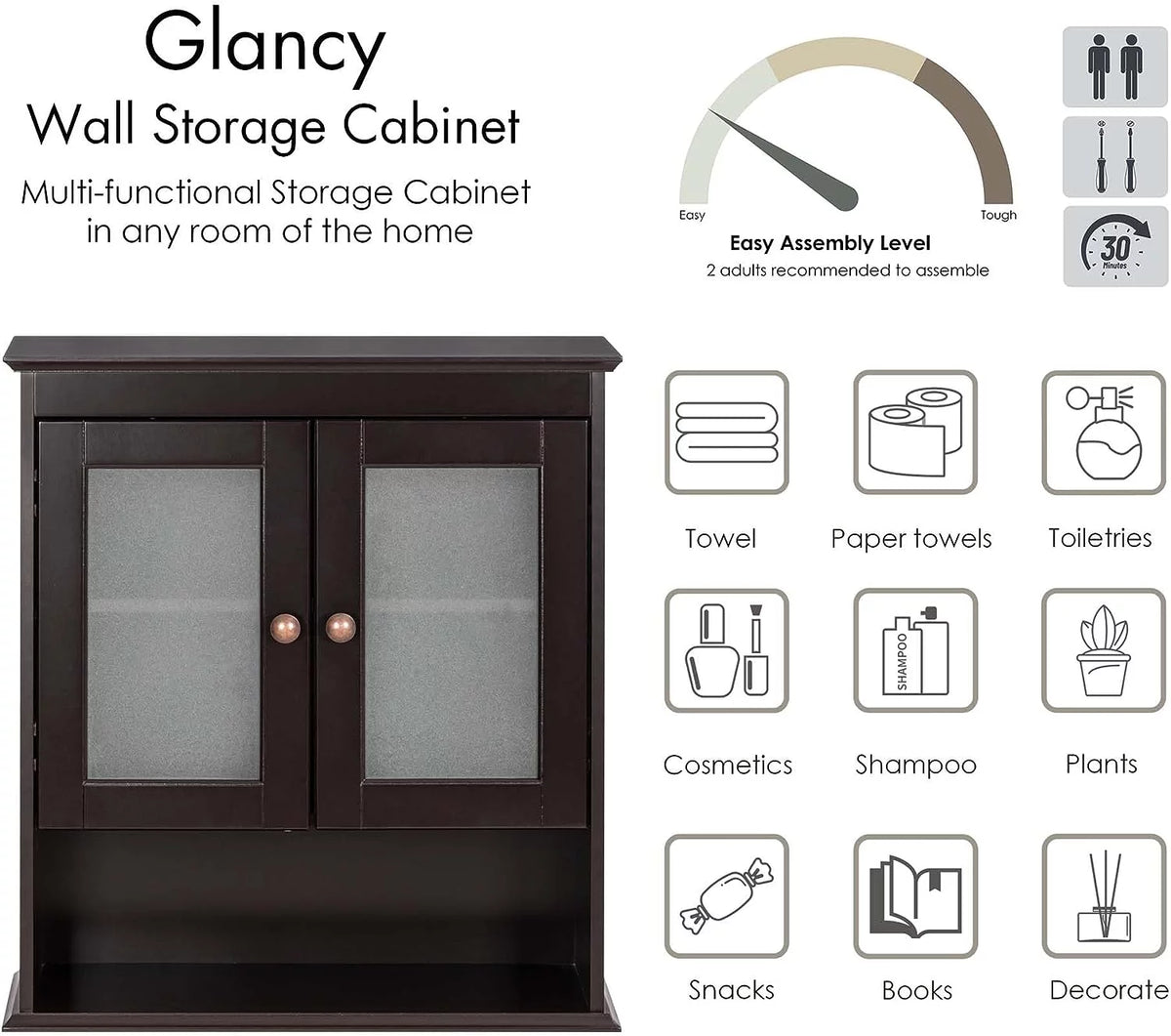 Espresso Wood Wall Cabinet with Glass Doors X89360