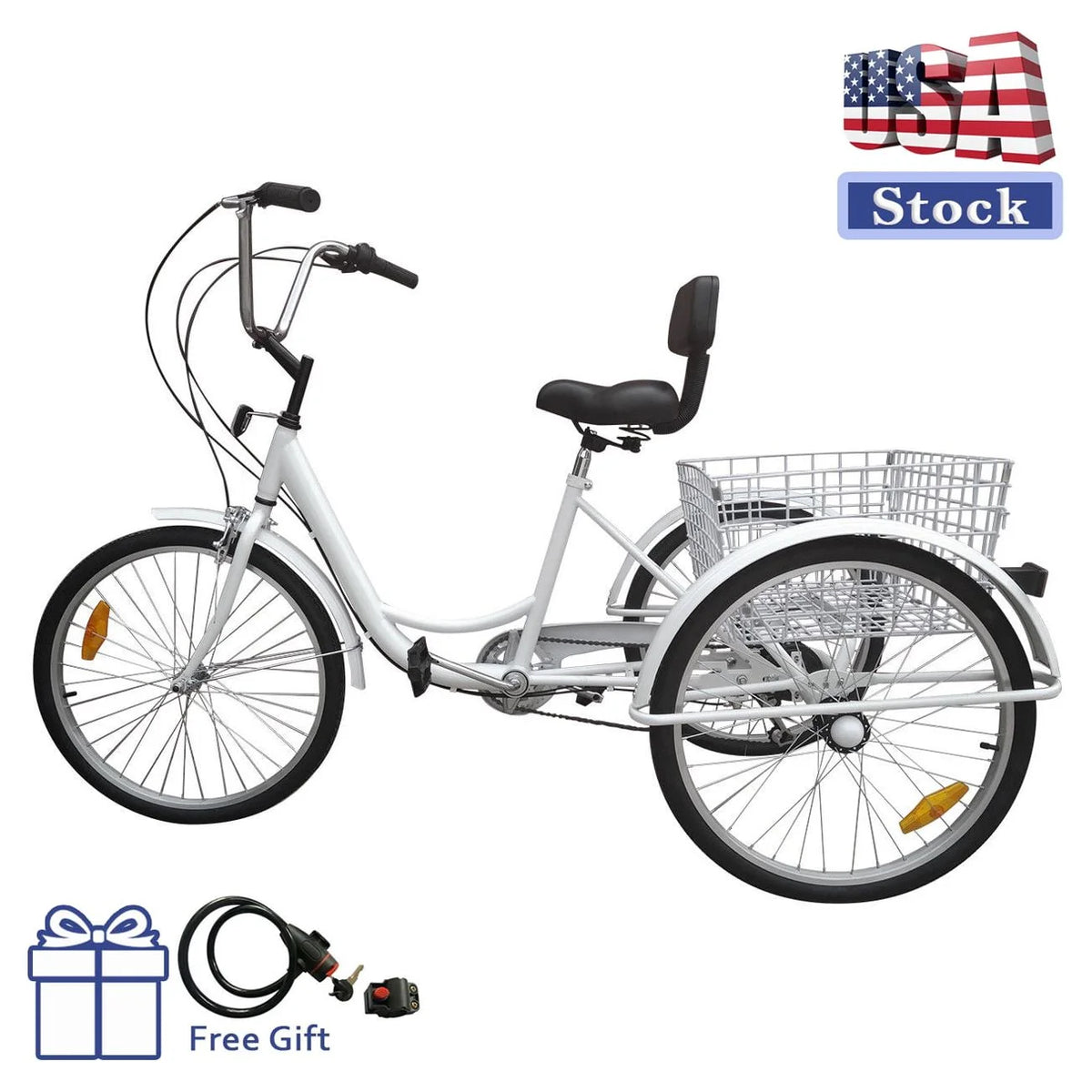 24" 7-Speed 3-Wheel Tricycle with Basket White X6547