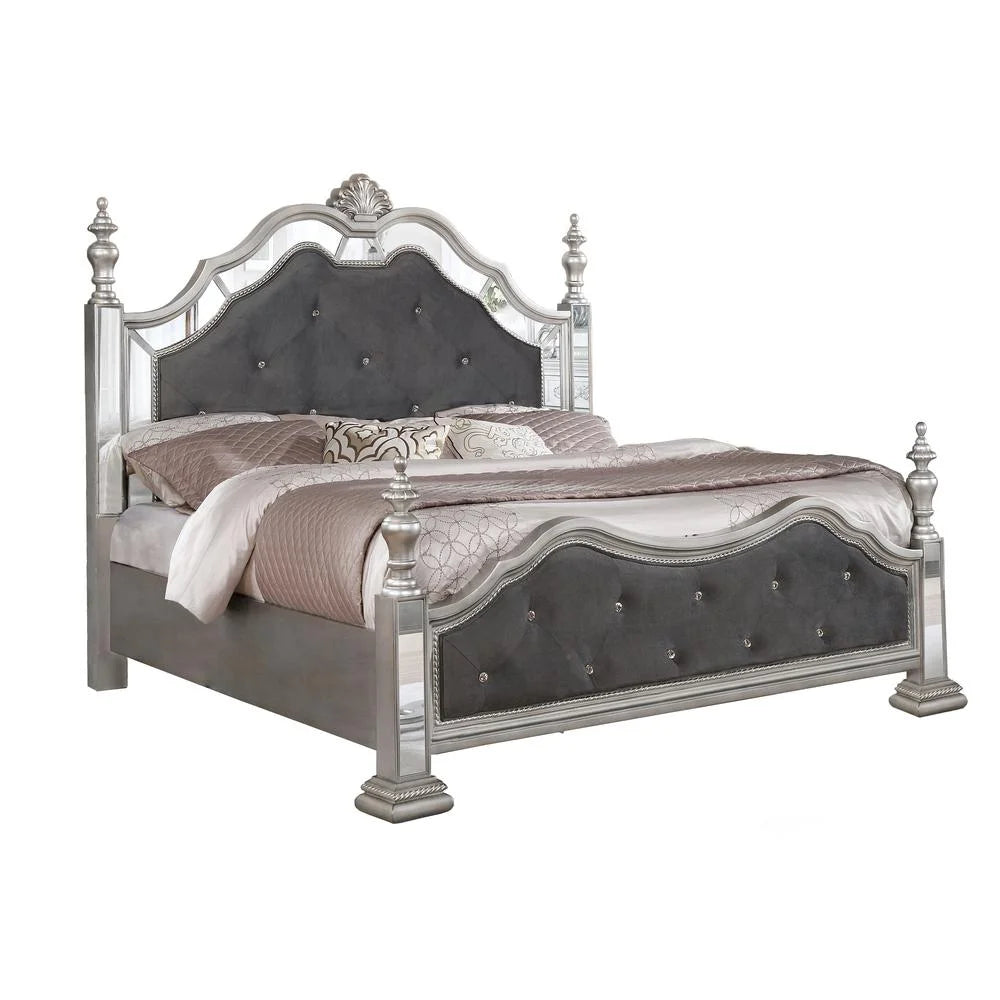 Metallic Gray Velvet Panel Bed Eastern King J8929