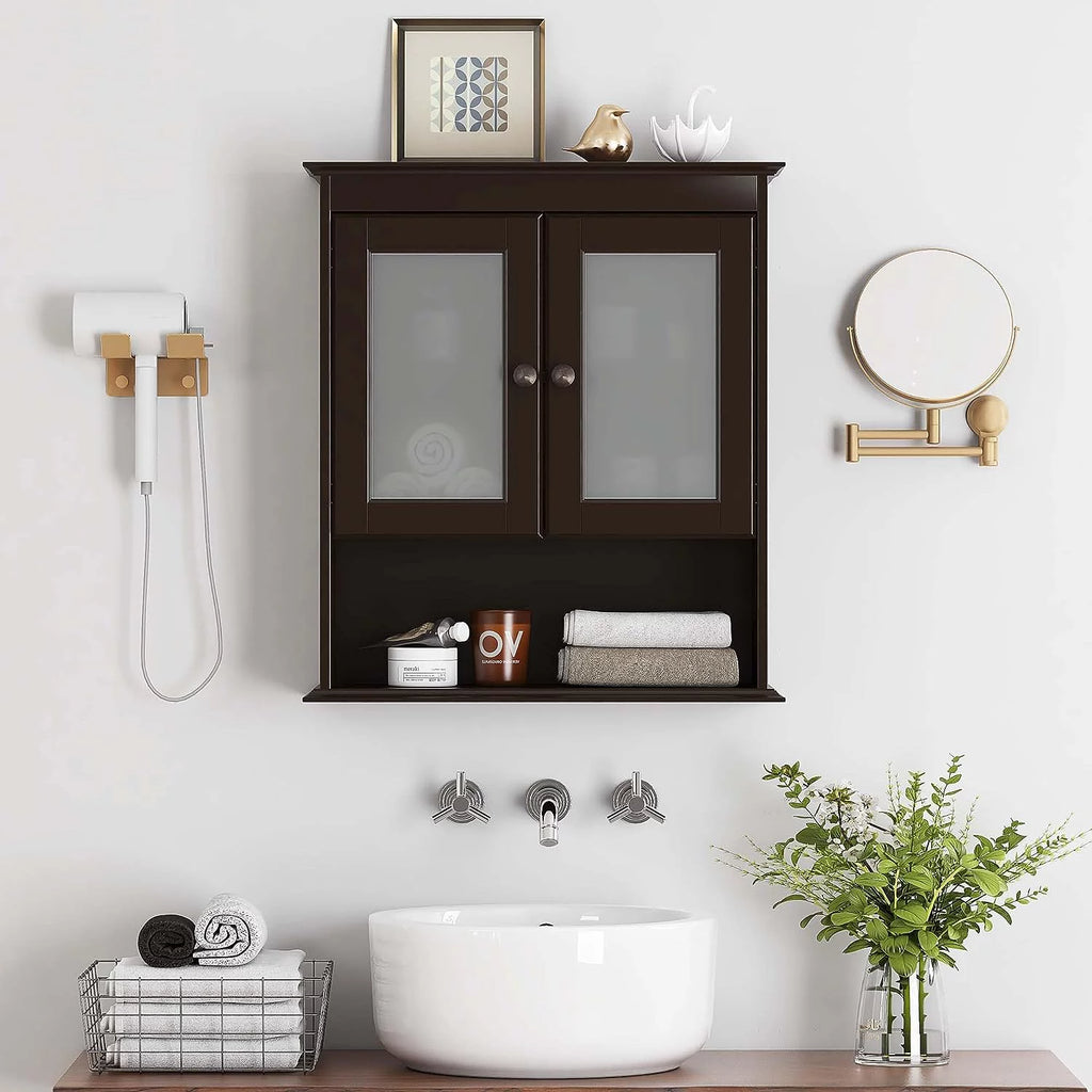 Espresso Wood Wall Cabinet with Glass Doors X89360