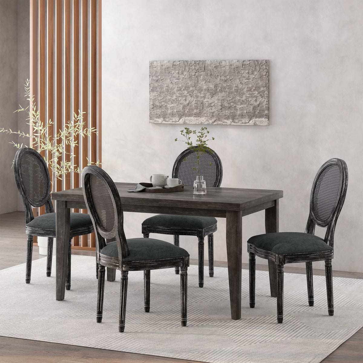 Upholstered Wood and Cane Dining Chairs, Set of 4 I5898