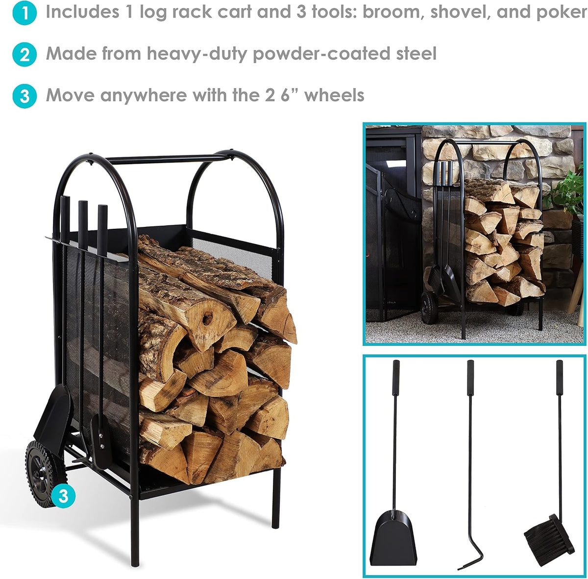 Wrought Iron Firewood Rack with Poker, Shovel and Brush Tools C455528
