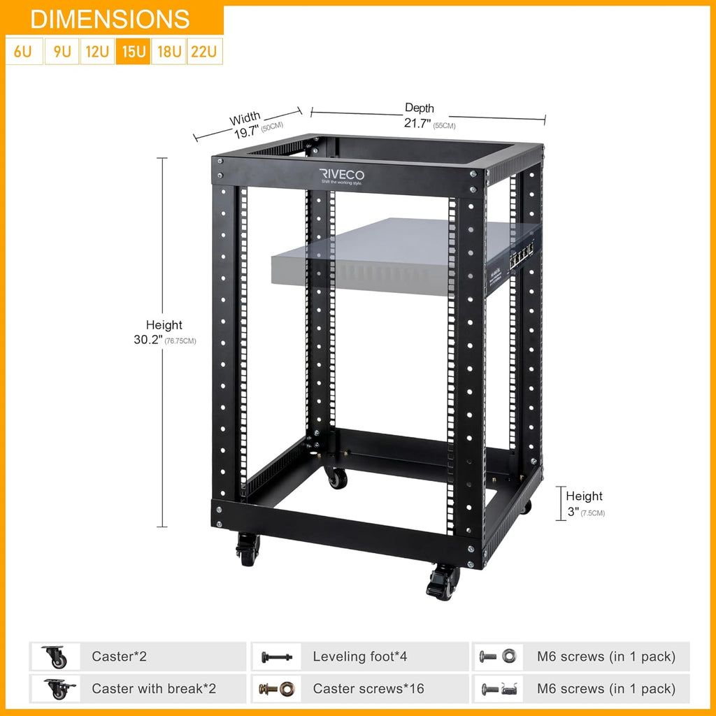 12U Open Frame Server Rack with Casters, 4 Post, 19-inch, Black T29443