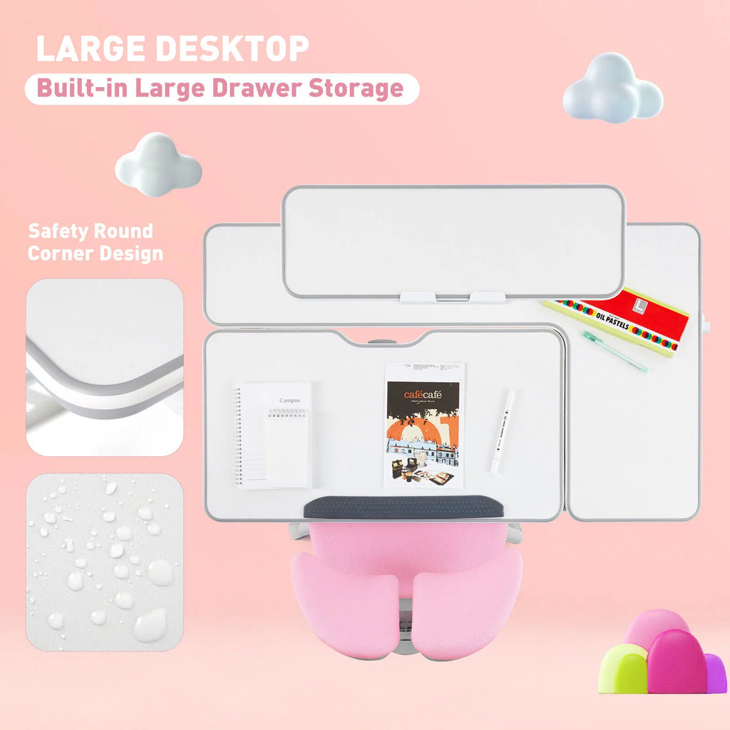 Kids Study Desk and Chair Set Adjustable with Drawer and Bookstand Pink G435768