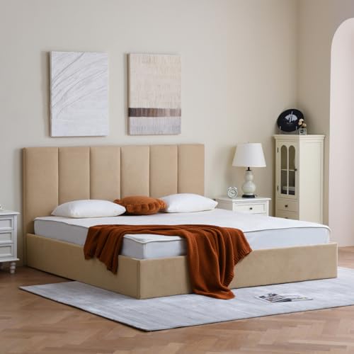 California King Size Lift-Up Storage Upholstered Platform Bed Beige J498340