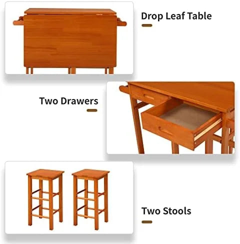 Drop Leaf Solid Wood Table and Stool Set with 2 Drawers A12314