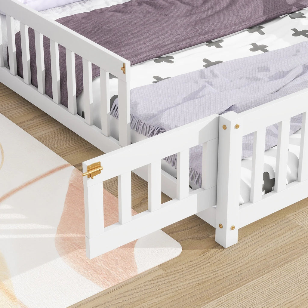 Grey Twin Size Wood Floor Bed with Fence O1829