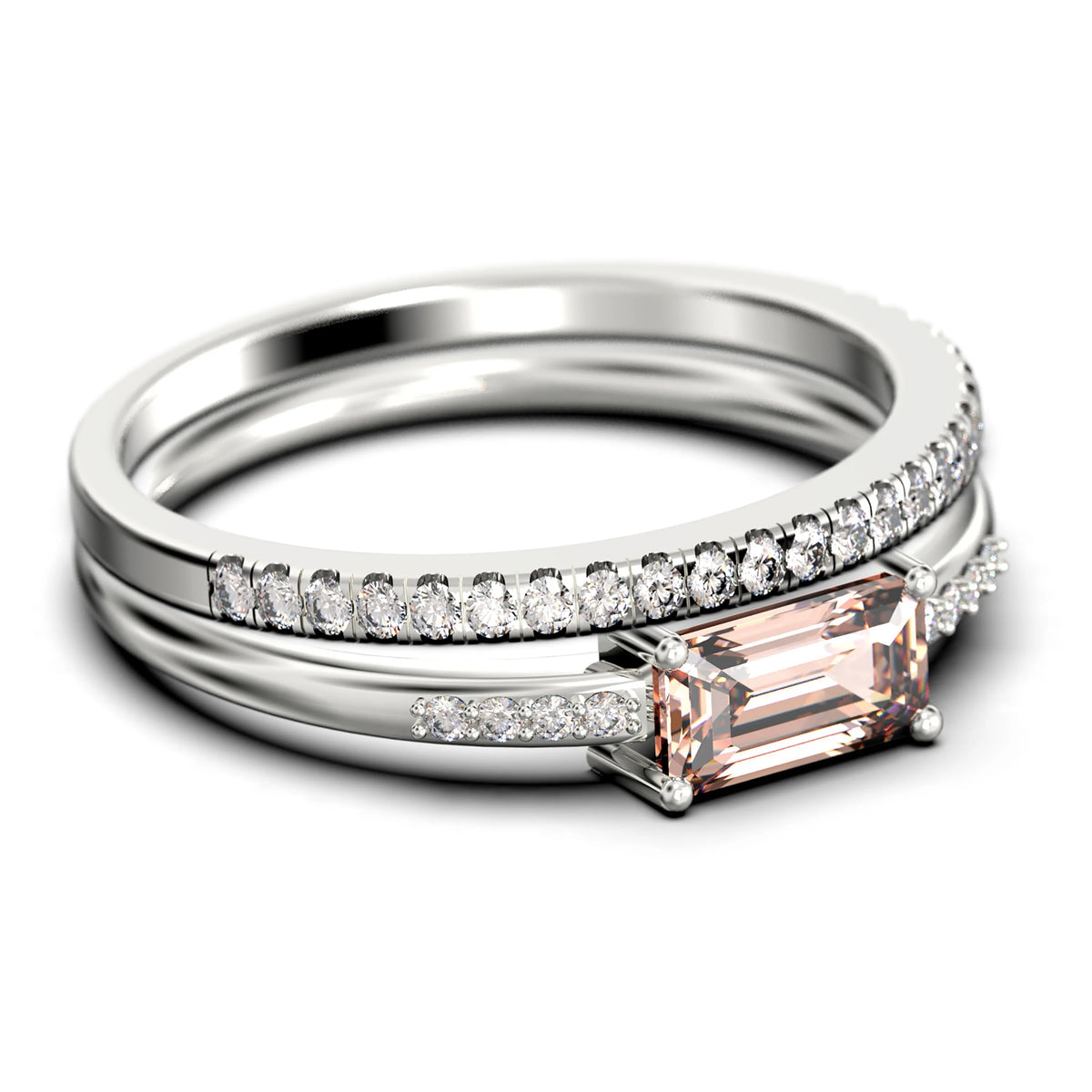 1.45 Carat Emerald Cut Morganite And Diamond Moissanite Engagement Ring in Silver With 18k White Gold Plating U3278