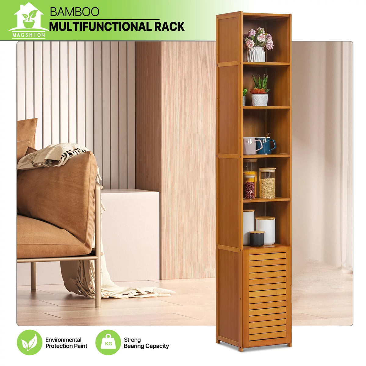 Bamboo 7 Shelves Bookcase with Door M5083