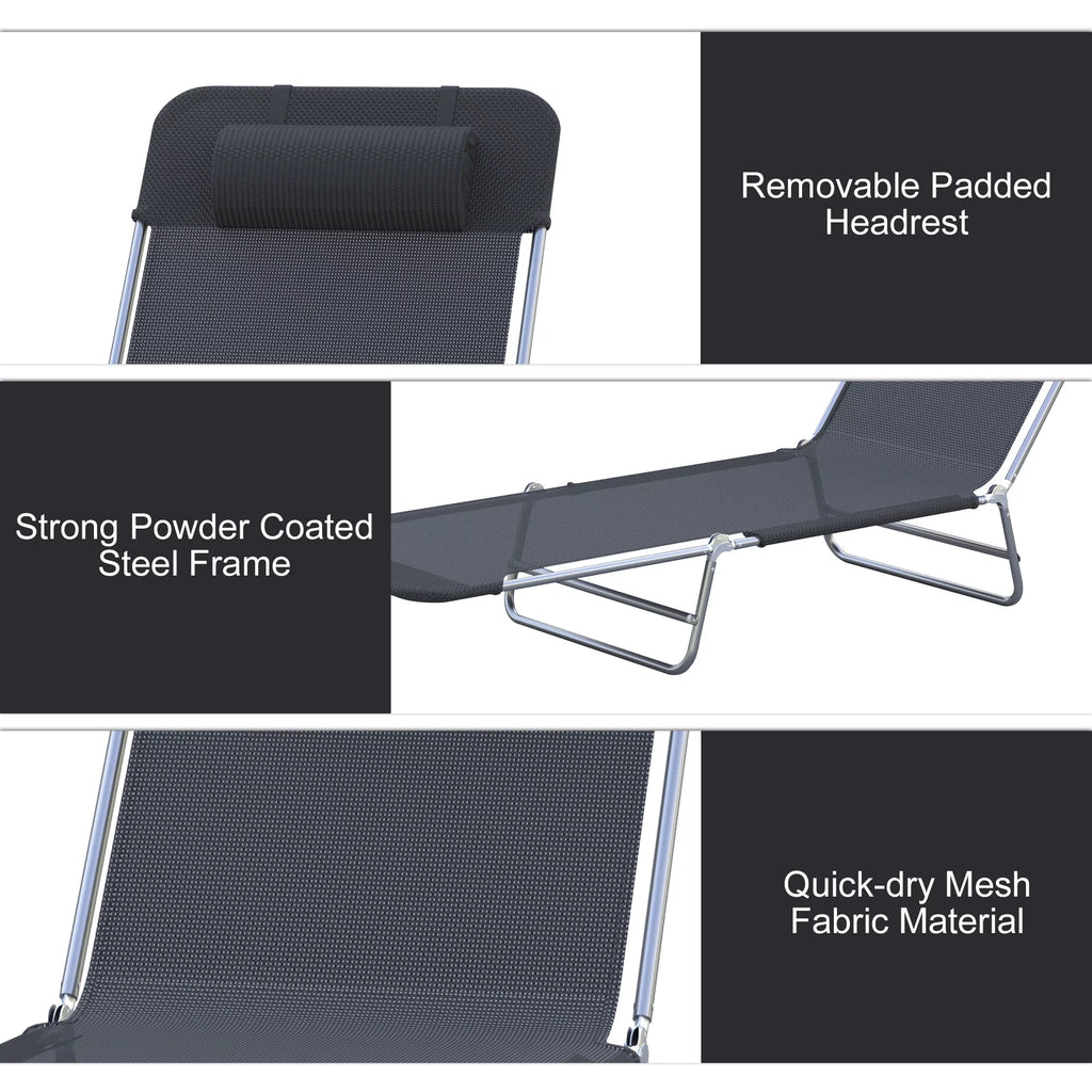 Folding Chaise Lounge Pool Chairs with Pillow, Steel Frame & Breathable Mesh, Black O407
