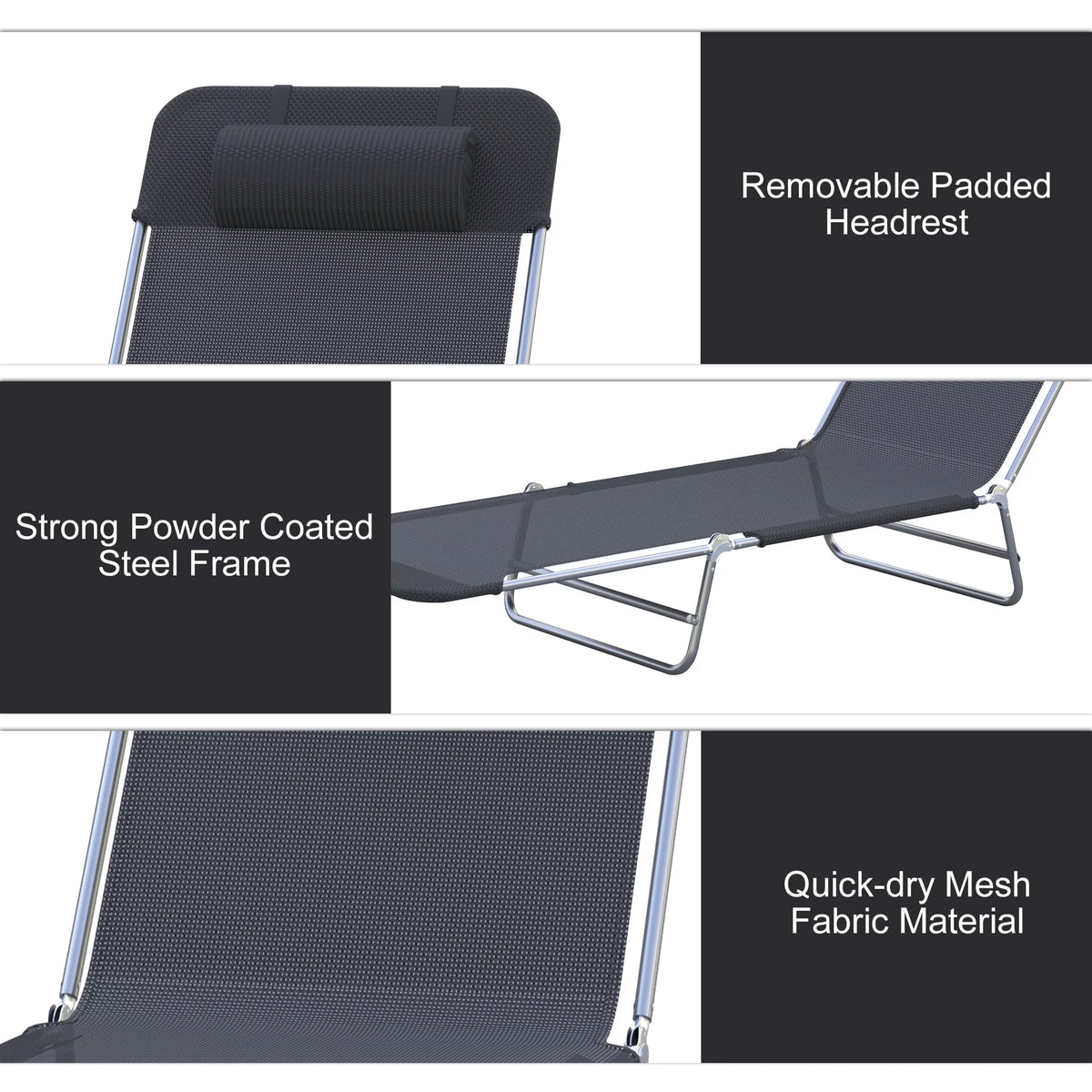 Folding Chaise Lounge Pool Chairs with Pillow, Steel Frame & Breathable Mesh, Black O407