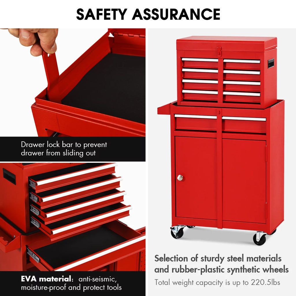 2 in 1 Tool Chest & Cabinet with 5 Sliding Drawers Red Y238