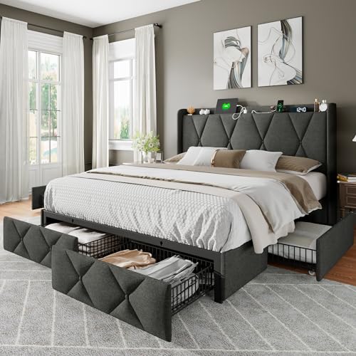 Light Grey Twin Upholstered Platform Bed Frame with 3 Storage Drawers G3722