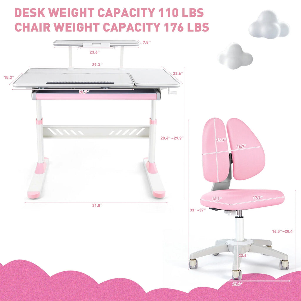 Kids Study Desk and Chair Set Adjustable with Drawer and Bookstand Pink G435768