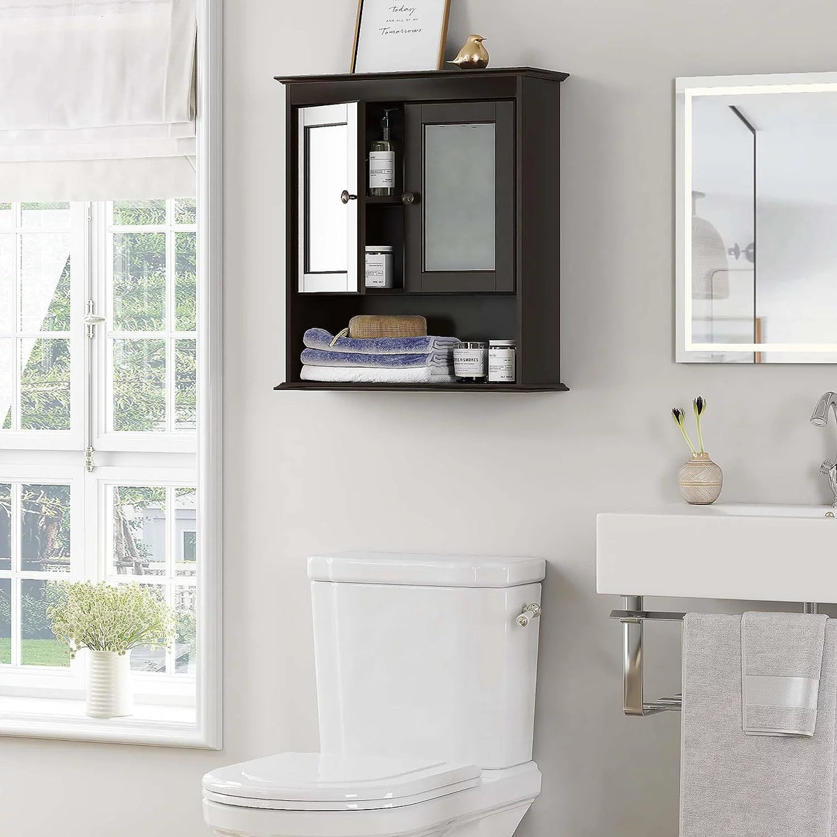 Espresso Wood Wall Cabinet with Glass Doors X89360