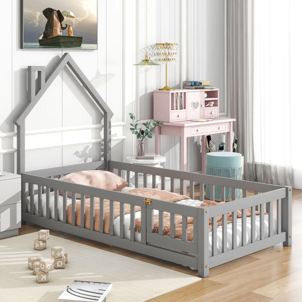 Grey Twin Size Wood Floor Bed with Fence O1829