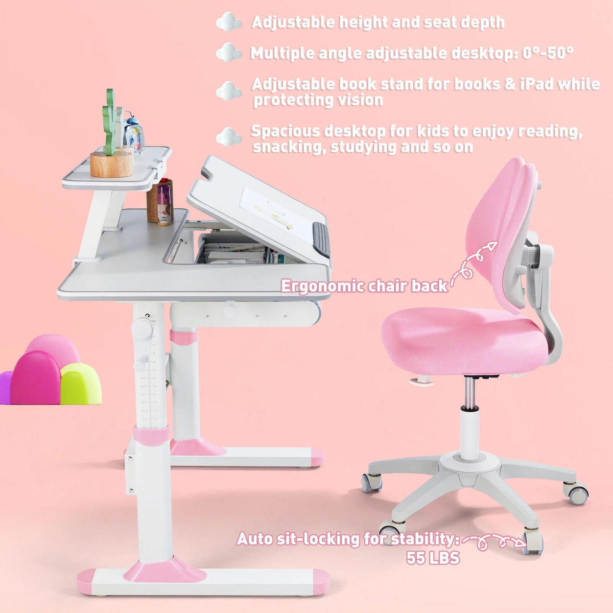 Kids Study Desk and Chair Set Adjustable with Drawer and Bookstand Pink G435768
