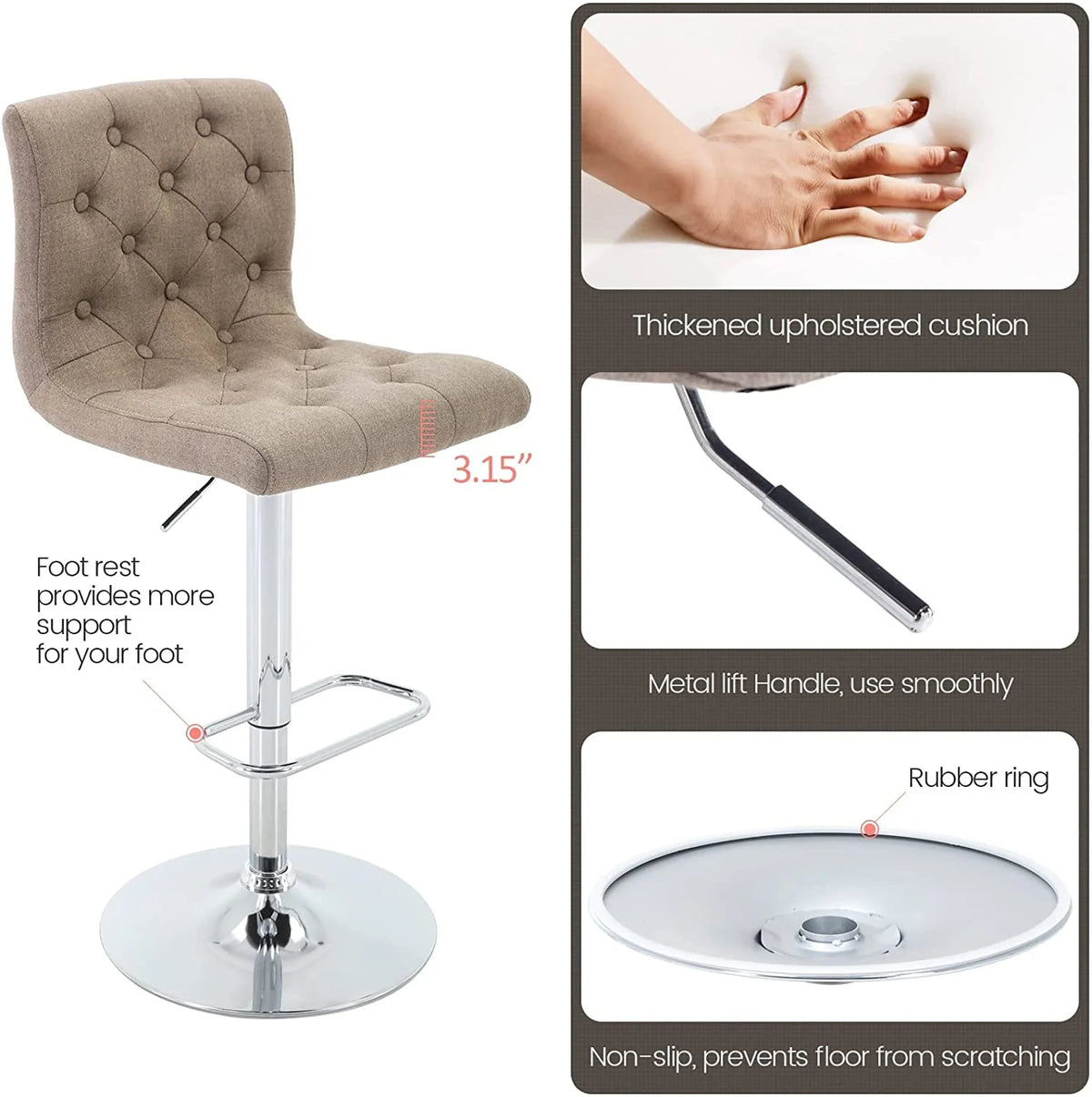 Tufted Swivel Bar Stool with Back, Fabric Upholstered Armless Bar Chair A59753