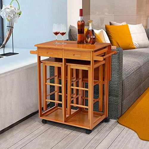 Drop Leaf Solid Wood Table and Stool Set with 2 Drawers A12314