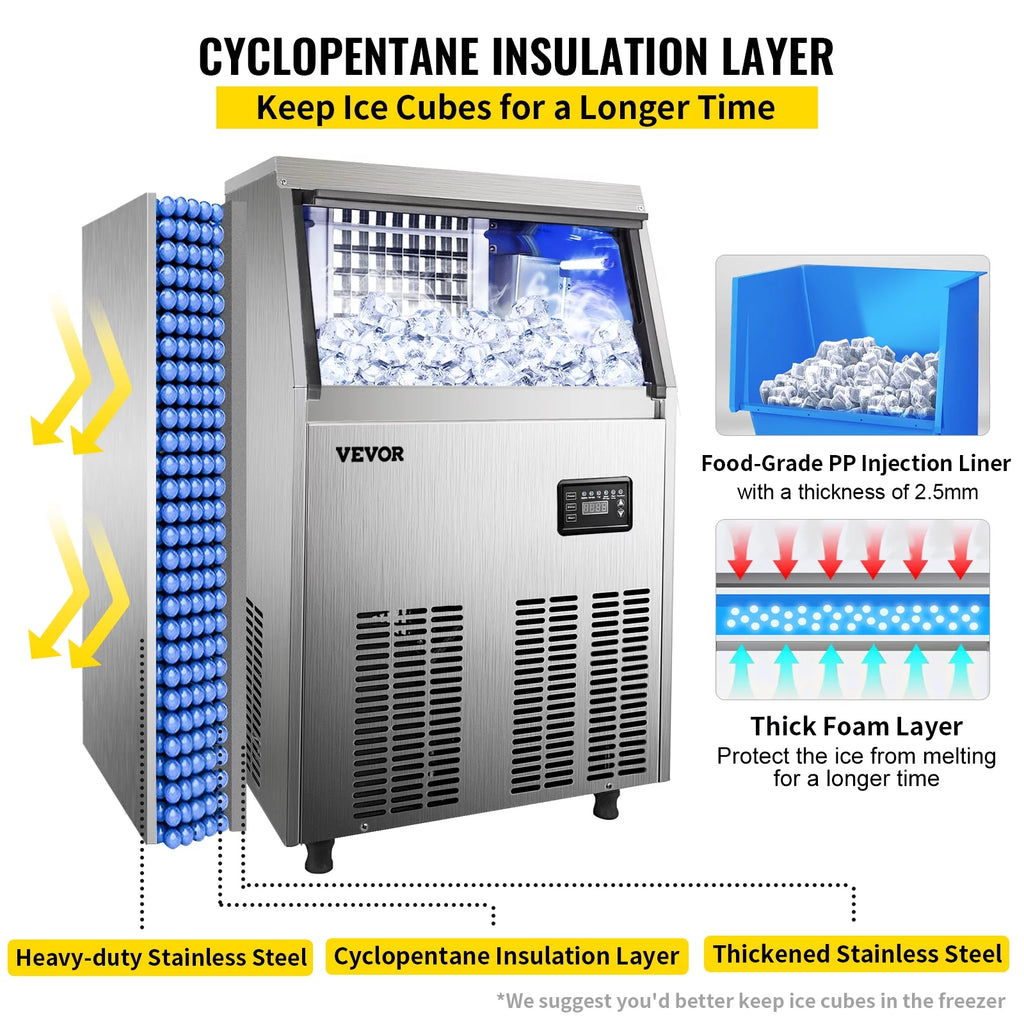 110V Commercial Ice Maker 120-130lbs/24H Stainless Steel U129048
