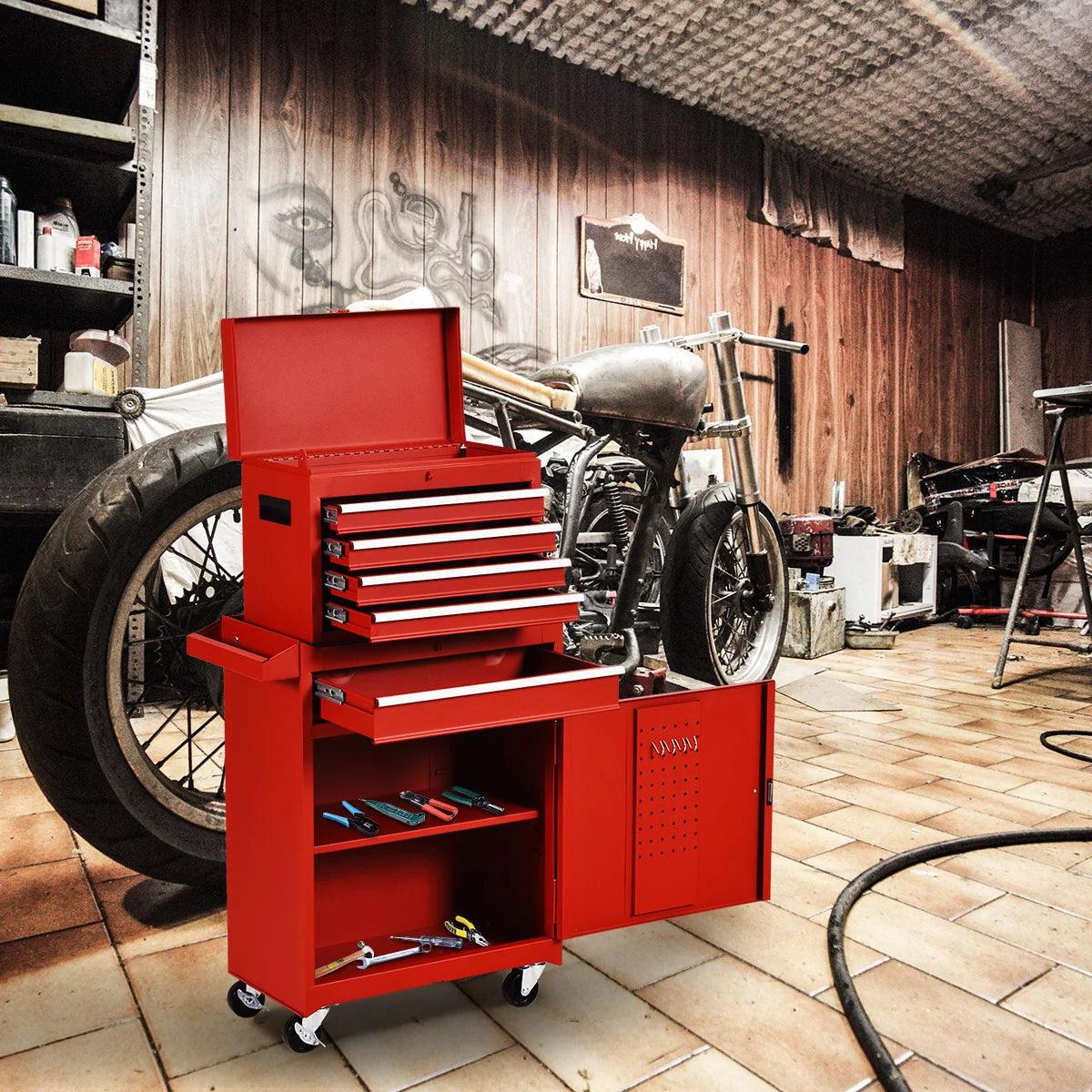 2 in 1 Tool Chest & Cabinet with 5 Sliding Drawers Red Y238