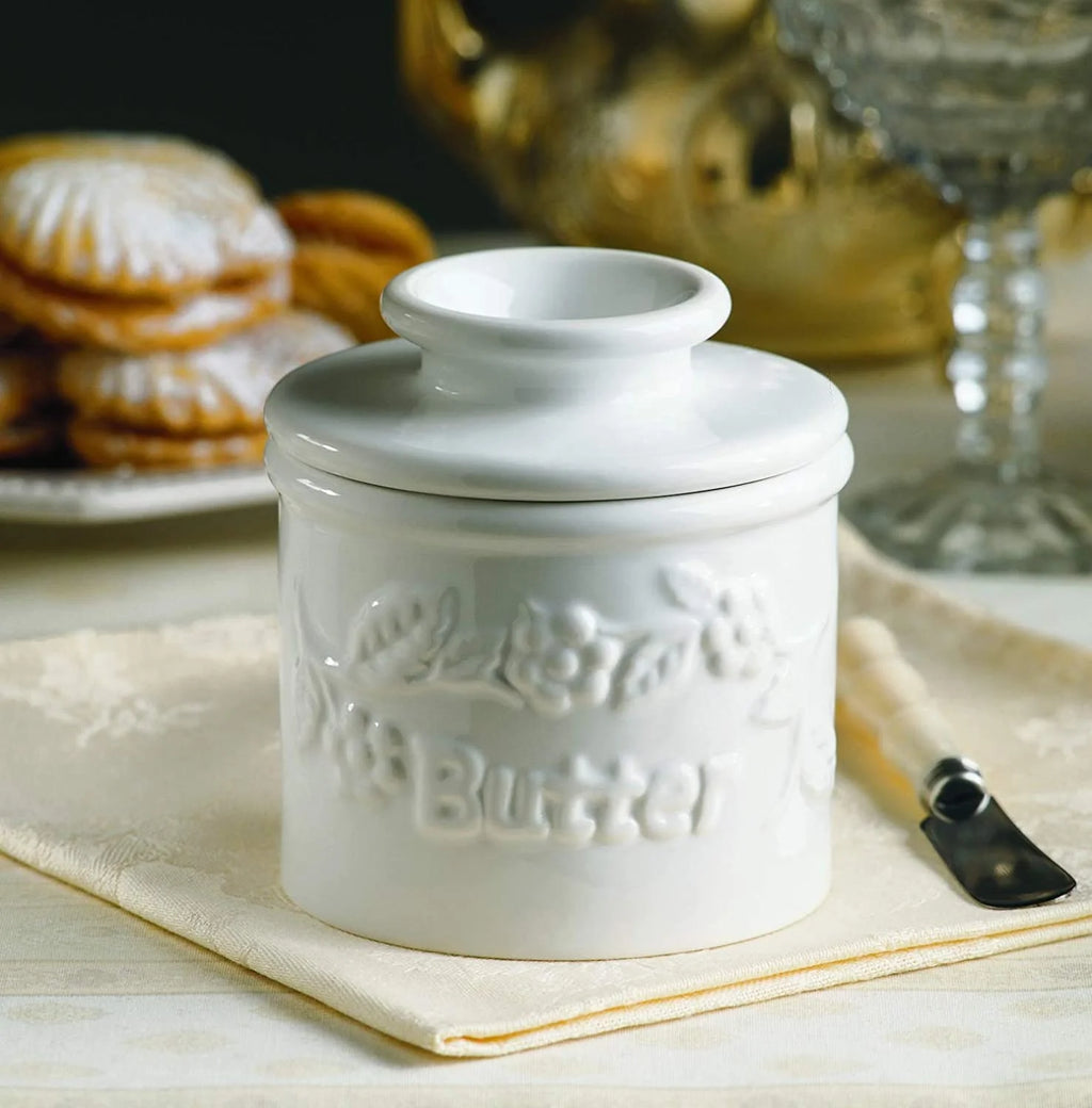 White Raised Floral French Ceramic Butter Dish Keeper H978