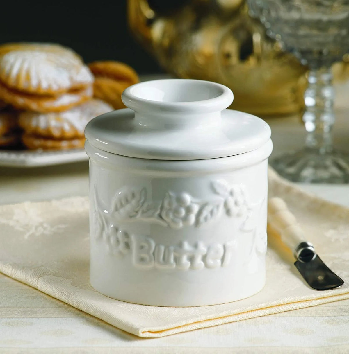 White Raised Floral French Ceramic Butter Dish Keeper H978