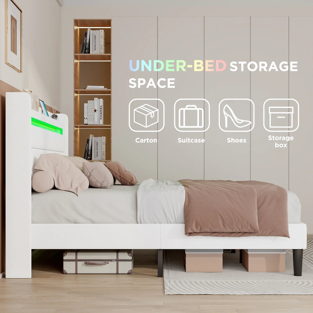 Queen Size White Linen Upholstered Platform Bed with Storage Headboard Z92044