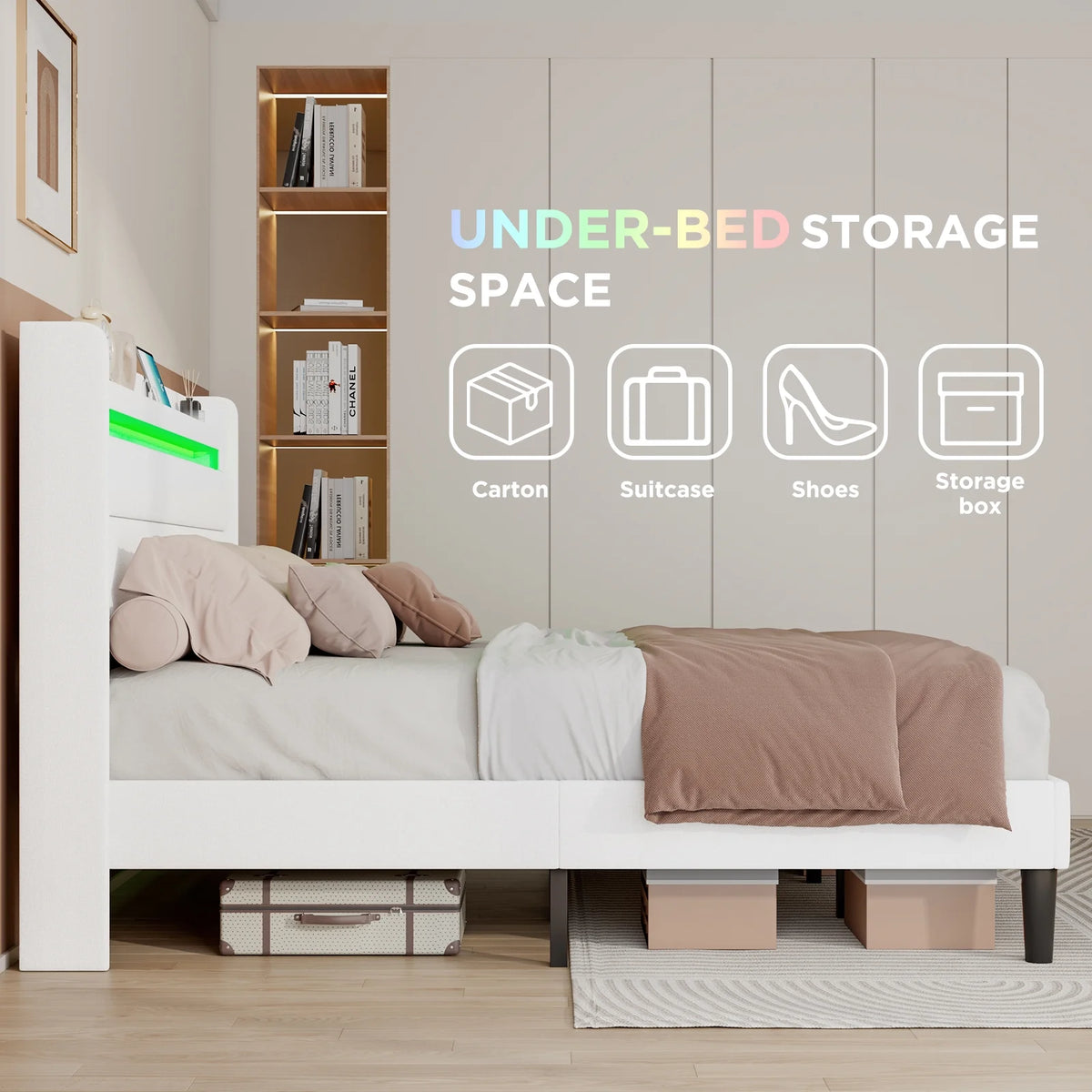 Queen Size White Linen Upholstered Platform Bed with Storage Headboard Z92044