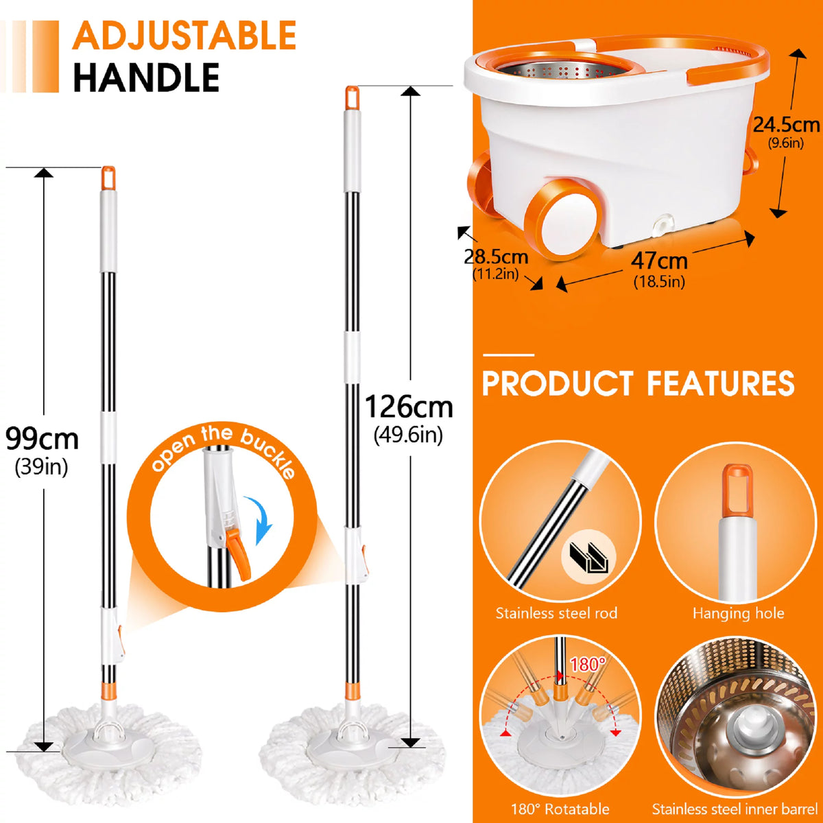 Spin Mop and Bucket System with Wringer Set, 6 Microfiber Mop Heads P31040