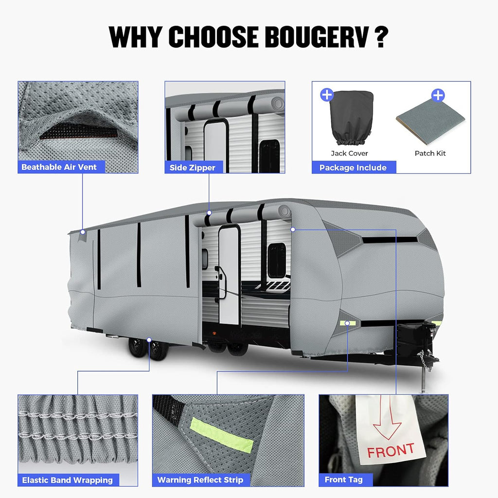 Gray Windproof Travel Trailer RV Snow Cover with Jack Cover & Patch Kit D3155