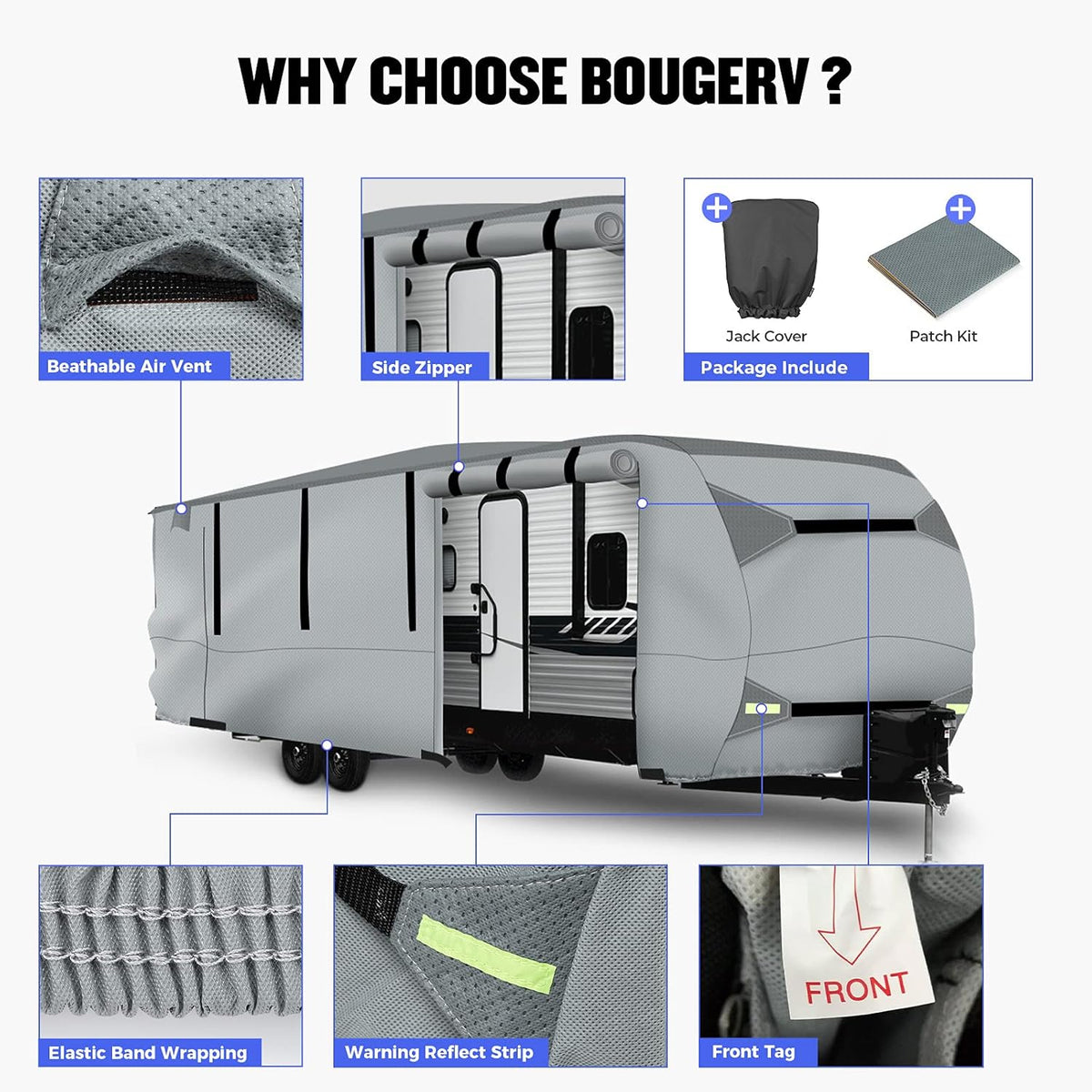 Gray Windproof Travel Trailer RV Snow Cover with Jack Cover & Patch Kit D3155