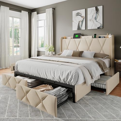 Light Grey Twin Upholstered Platform Bed Frame with 3 Storage Drawers G3722