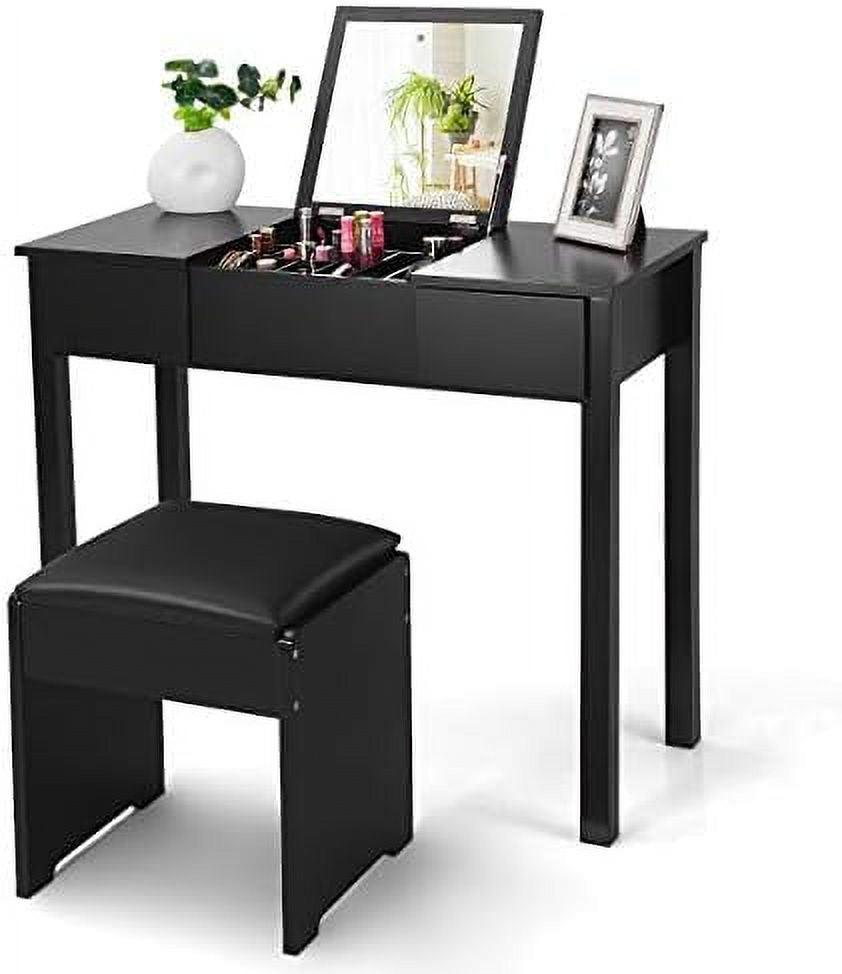 Black Vanity Set with Flip Top Mirror and Cushioned Stool E1516