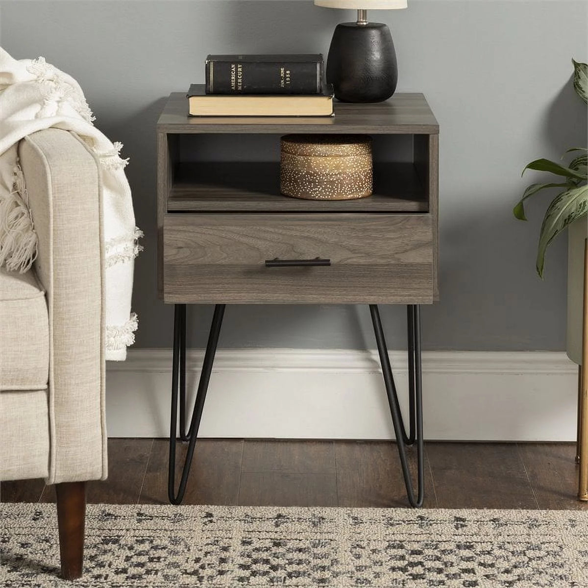 18" Single Drawer Hairpin Leg Nightstand D643