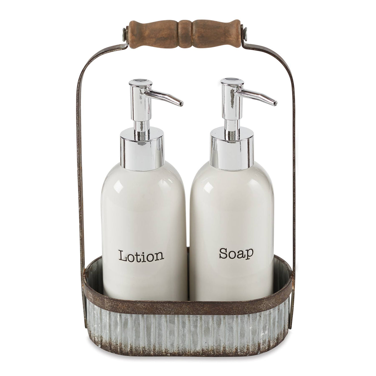 White Lotion & Soap Pump Tin Caddy Set J4574