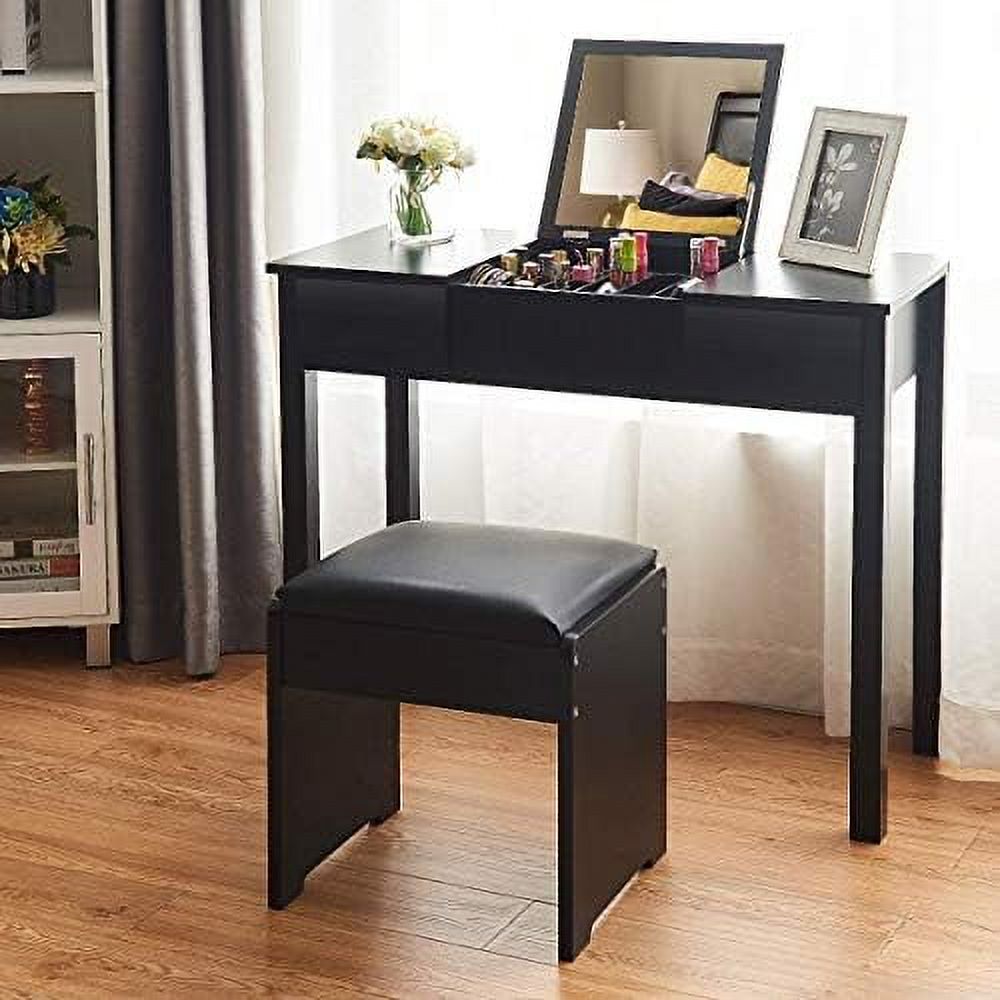 Black Vanity Set with Flip Top Mirror and Cushioned Stool E1516