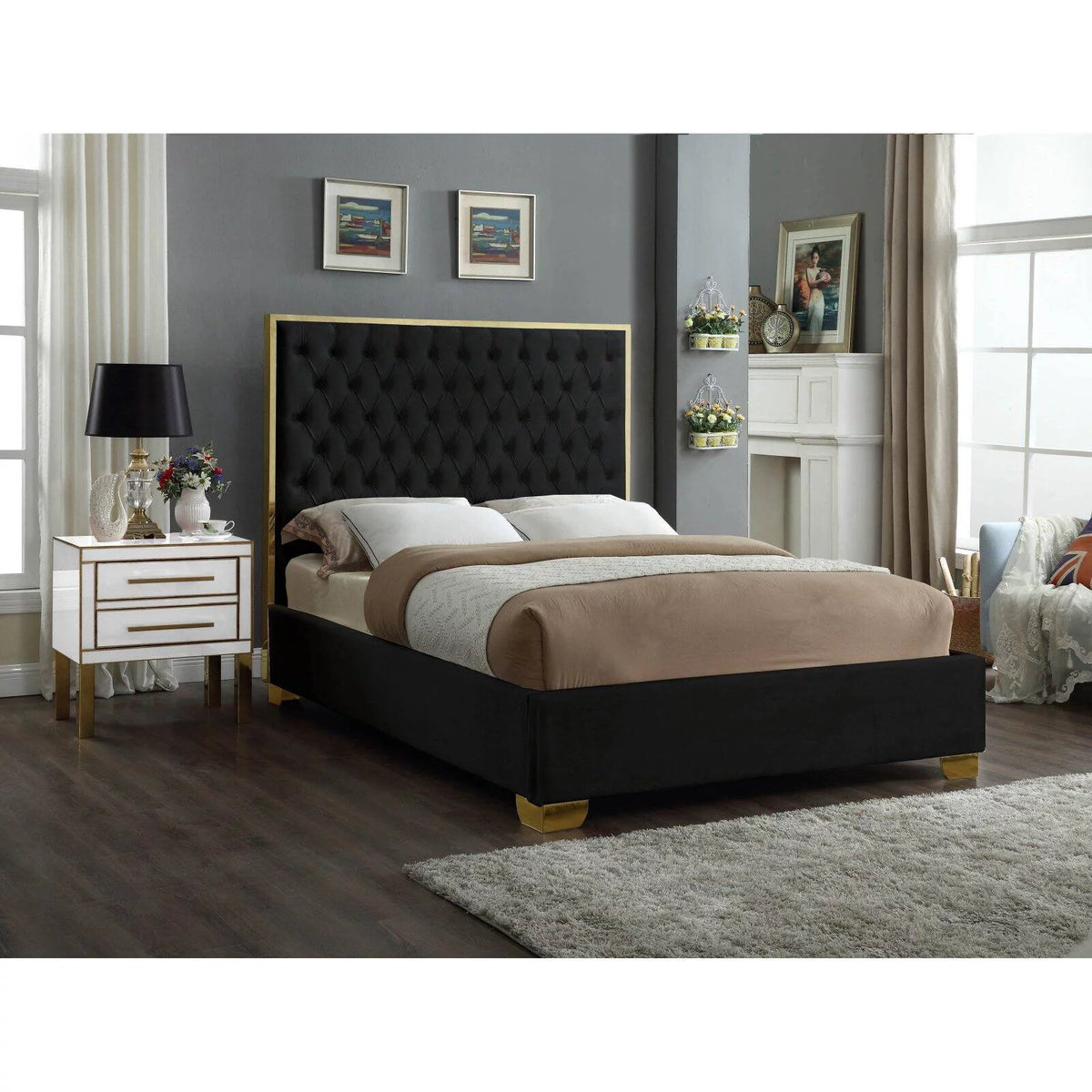 Solid Wood and Velvet King Bed in Navy B685