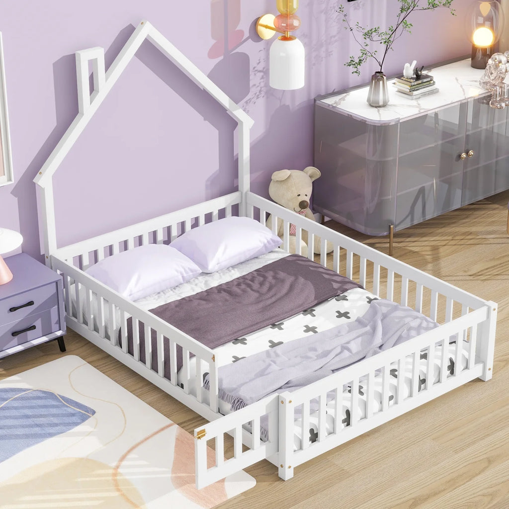 Grey Twin Size Wood Floor Bed with Fence O1829