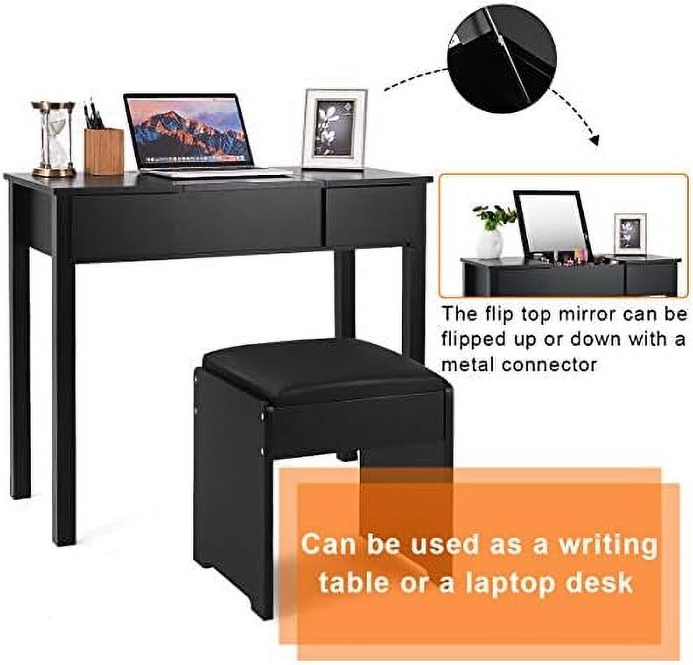 Black Vanity Set with Flip Top Mirror and Cushioned Stool E1516