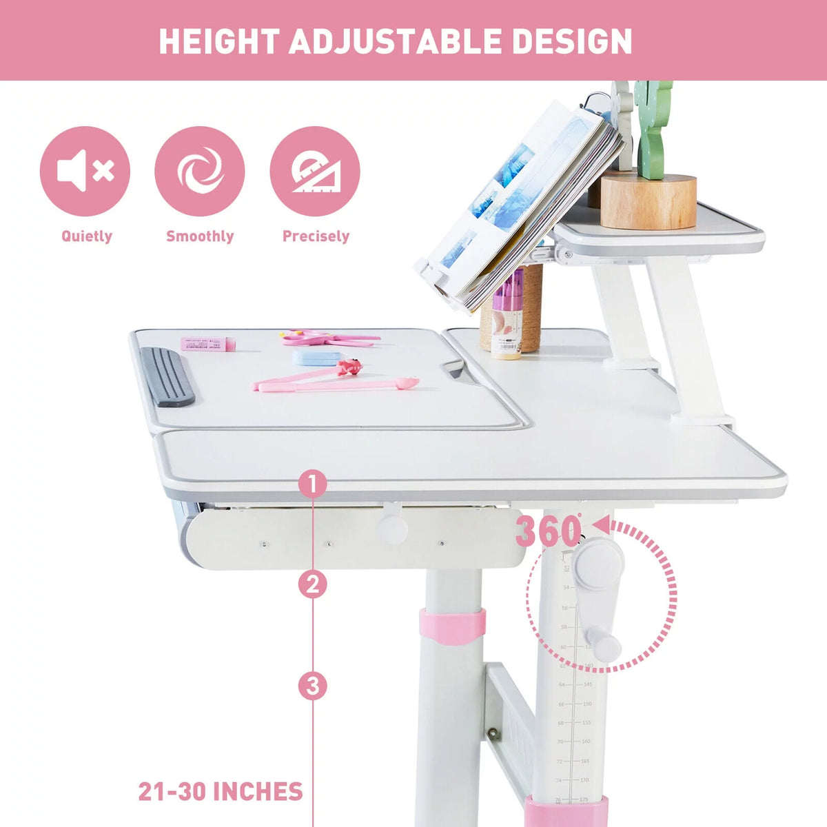Kids Study Desk and Chair Set Adjustable with Drawer and Bookstand Pink G435768