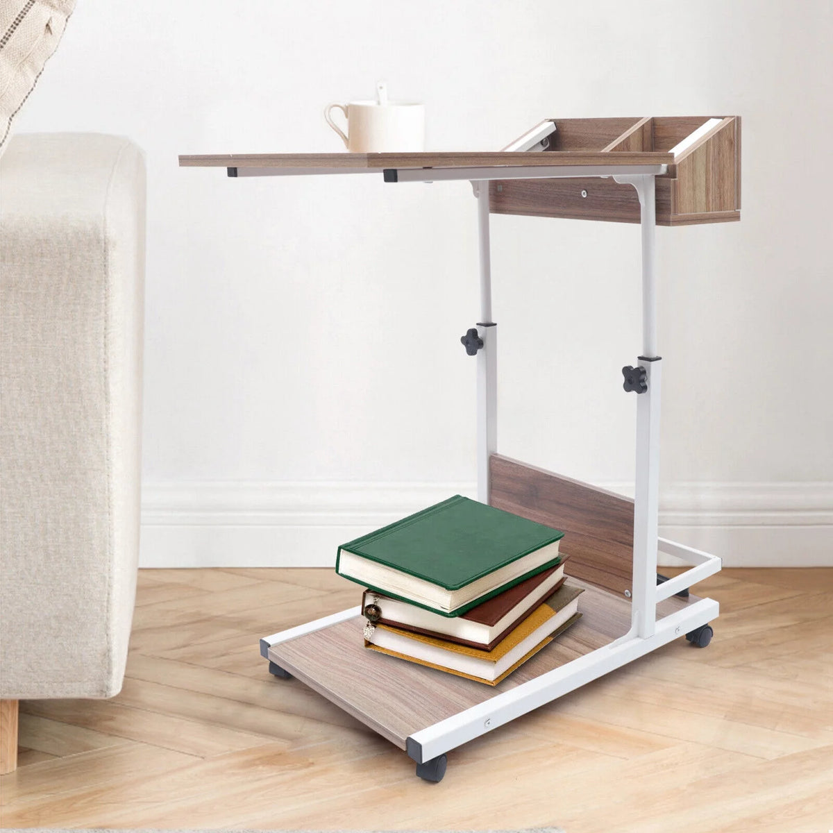 Wooden Bed Side Table with Storage and Wheels A180