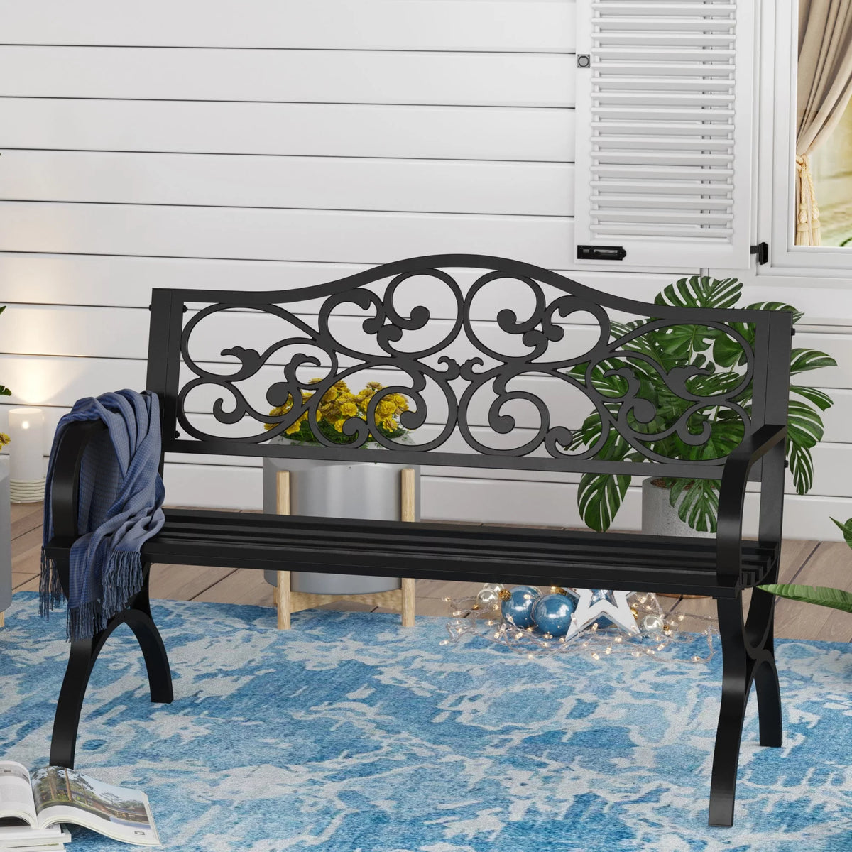50" Outdoor Iron Cast Garden Park Bench - Black G72365