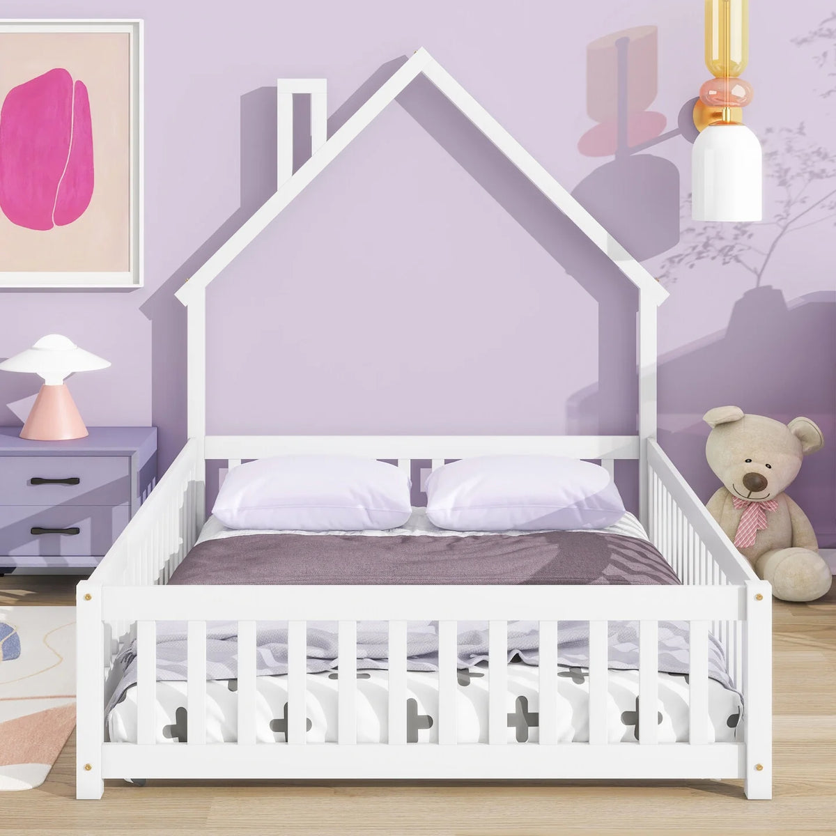 Grey Twin Size Wood Floor Bed with Fence O1829