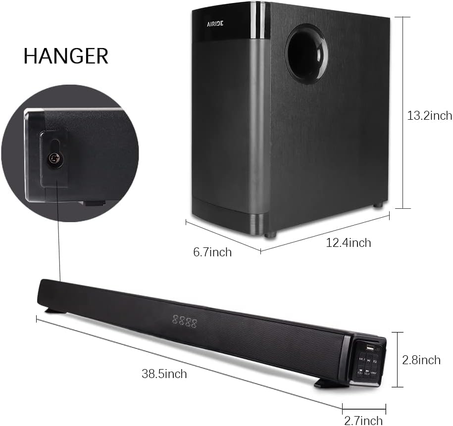 38.5” 2.1 CH Sound Bar with 5.25 inch Subwoofer, Bluetooth 5.0, HDMI(ARC), Optical, COAXIAL, AUX, RCA, USB, Black Y4905