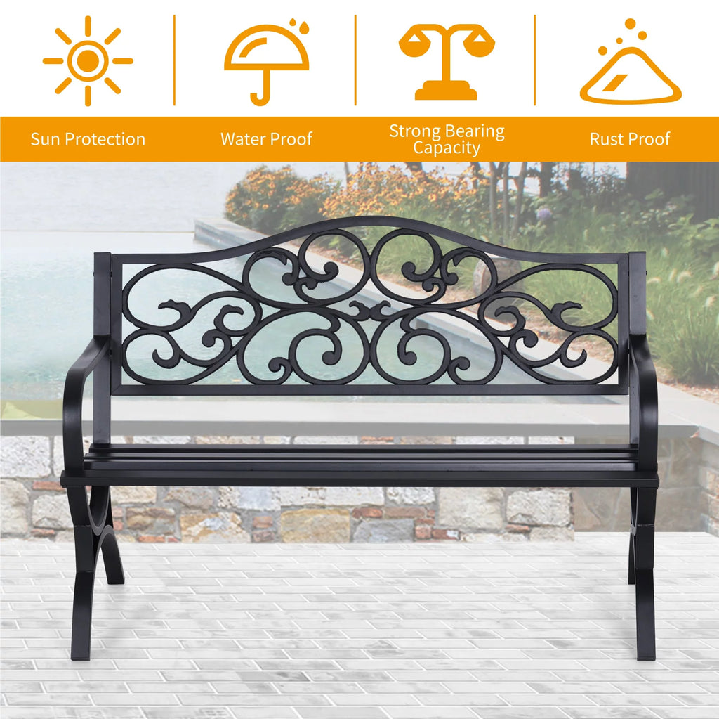 50" Outdoor Iron Cast Garden Park Bench - Black G72365