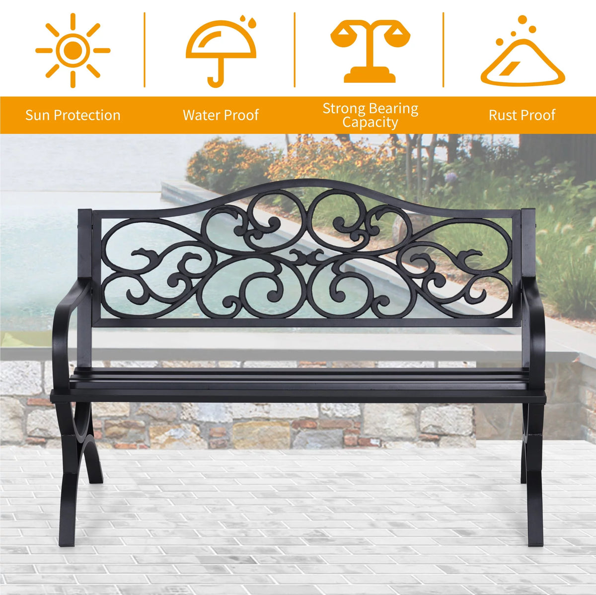 50" Outdoor Iron Cast Garden Park Bench - Black G72365